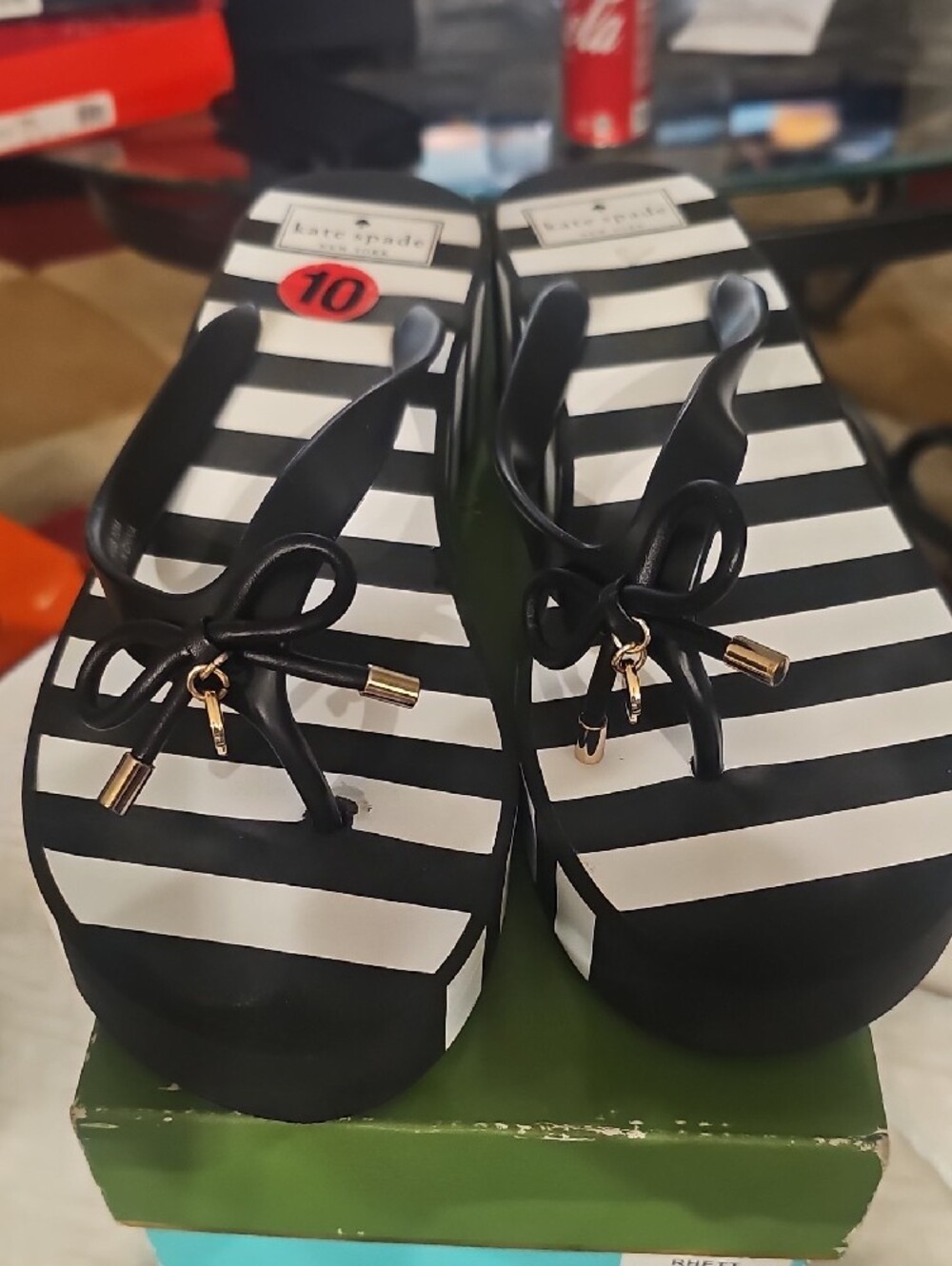 kate spade Black and White Striped Bow Flip Flops